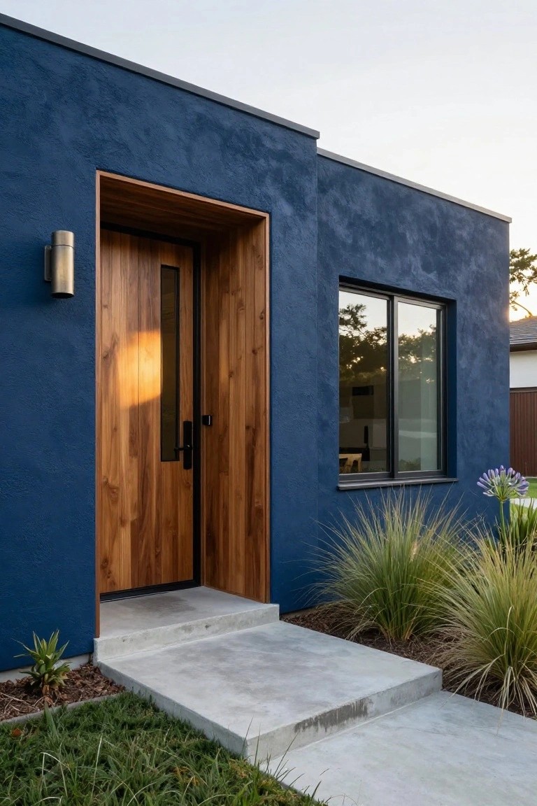 Close-up view of a modern house facade with deep blue stucco walls, a recessed walnut wood front door with slim glass panel and black handle, adjacent slim black-framed window, metal wall light, concrete entry steps, and low native plants along the path.