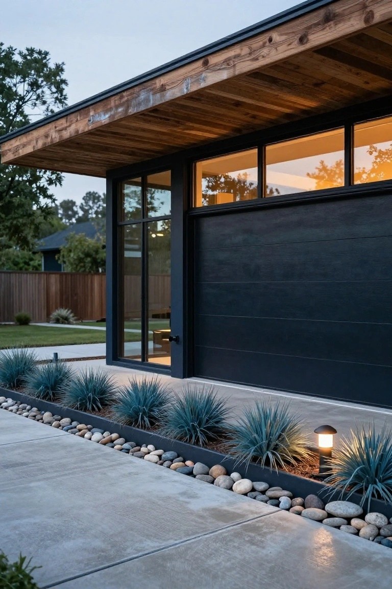 Side view of a modern house exterior with cantilevered wood beam overhang, large matte black garage door, glass entry door and windows, concrete driveway, pebble border, and blue agave plants.