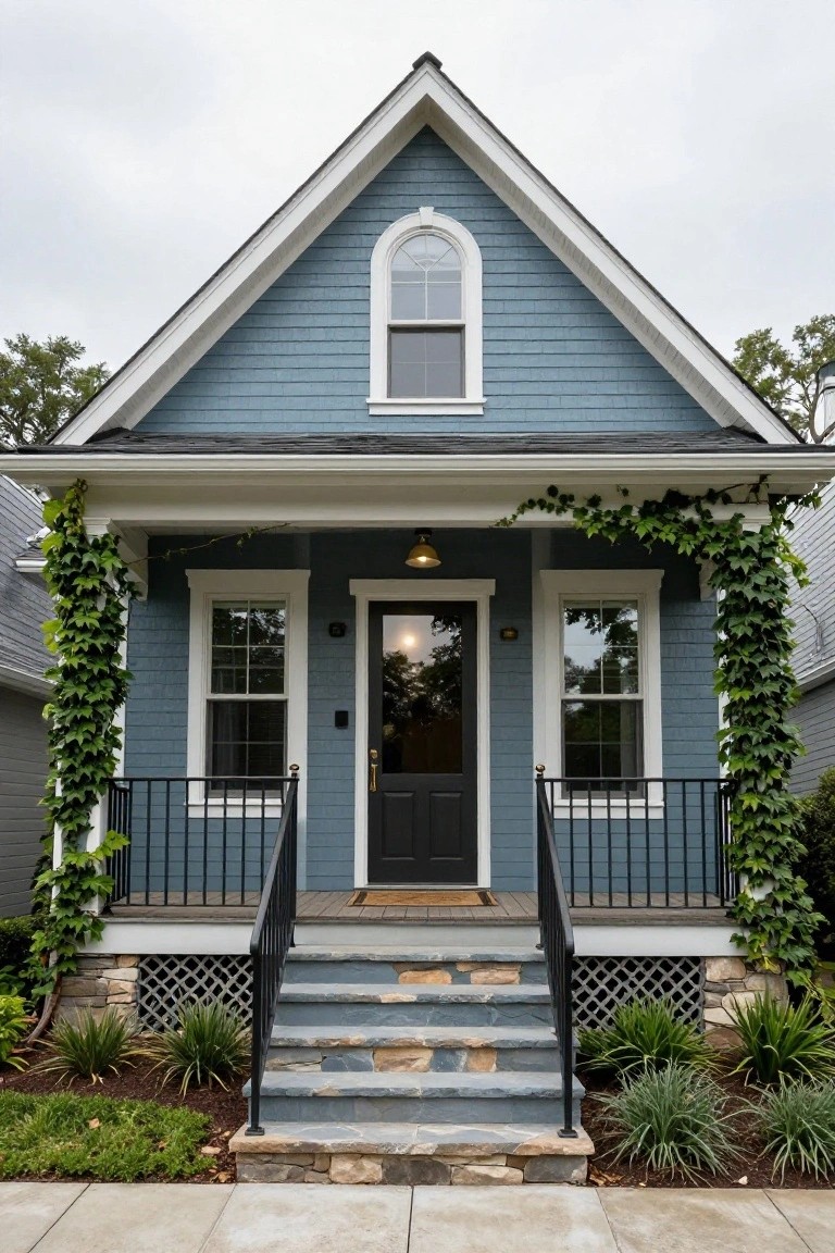 Front view of a one-story blue shingle house with white trim, gabled roof, covered porch, black front door, ivy on porch columns, black metal railing, stone steps, and low plantings.