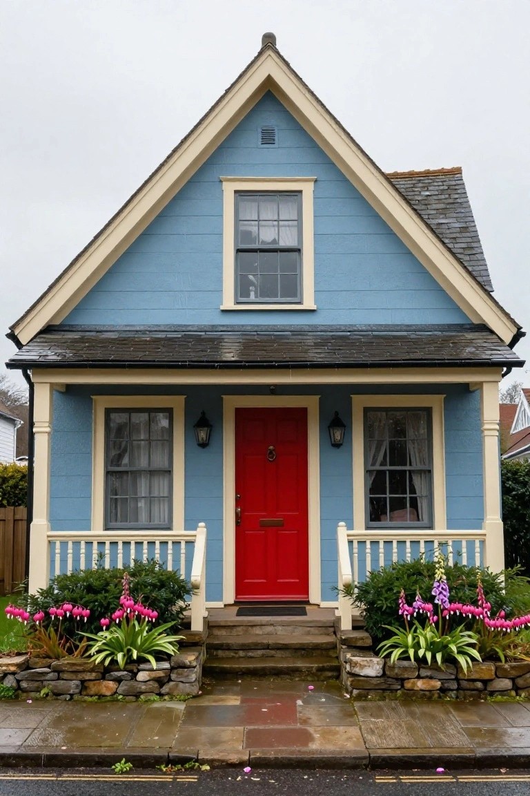 A small two-story blue house with cream trim, gabled roof, red front door, small porch with white railings, and stone planters with pink flowers and shrubs on a wet paved street.