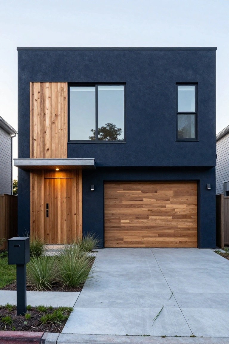 Modern two-story house with dark blue stucco walls, vertical light wood siding on the right side, horizontal wood garage door, vertical wood entry door, and minimal grasses in the front yard on a concrete driveway.