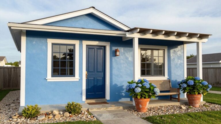 Small light blue stucco house with white-trimmed arched entryway, dark blue front door, blue hydrangeas in terracotta pots, wooden bench, lantern light, pebble ground cover, and terracotta tile roof.