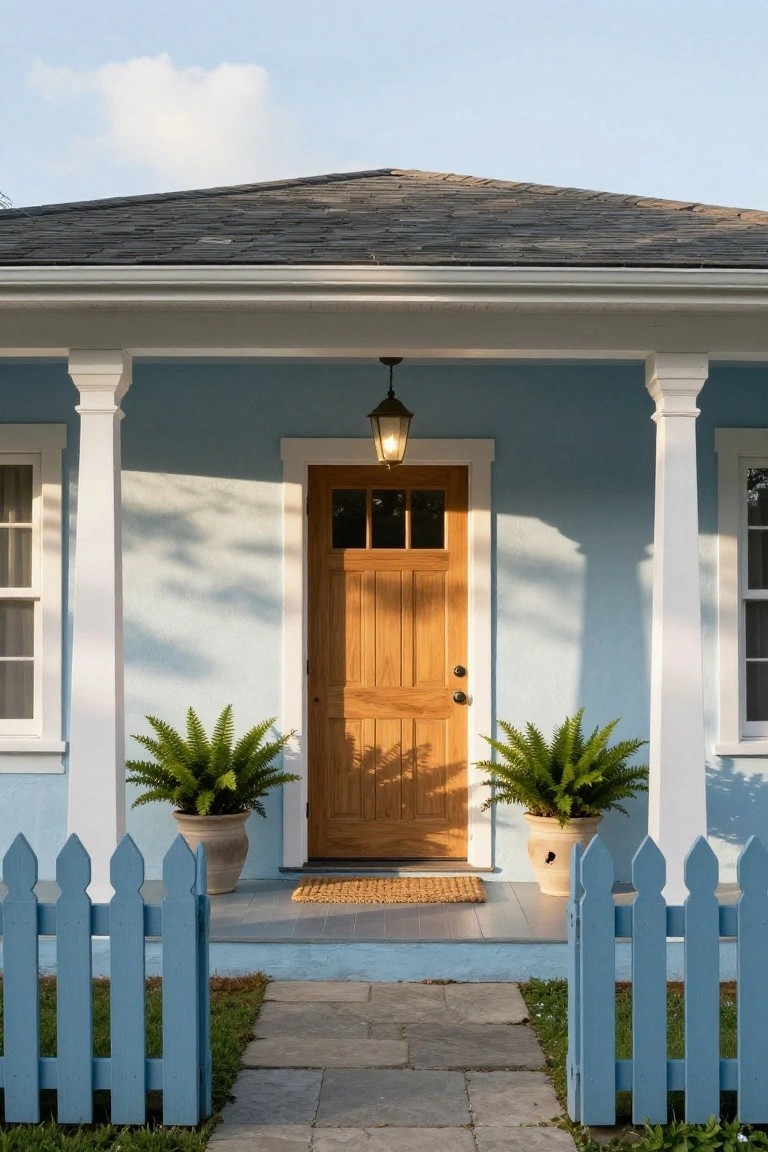 Front exterior of a light blue stucco house featuring a covered porch with white columns, wooden door with glass panels, potted ferns on either side, blue picket fence, and stone pathway.