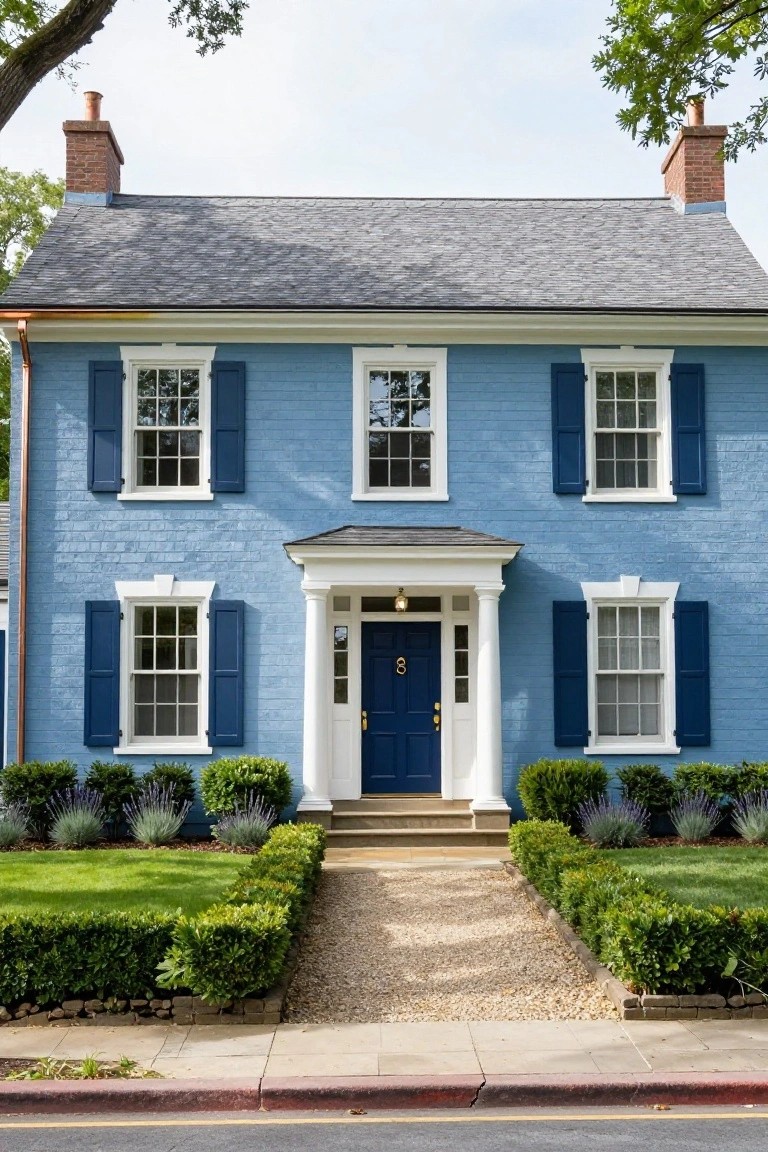 Two-story light blue house exterior with navy blue shutters and front door, white trim and porch columns, dark gray roof, brick chimneys, copper gutters, and front yard landscaping with boxwood hedges, lavender plants, gravel path, and green lawn.