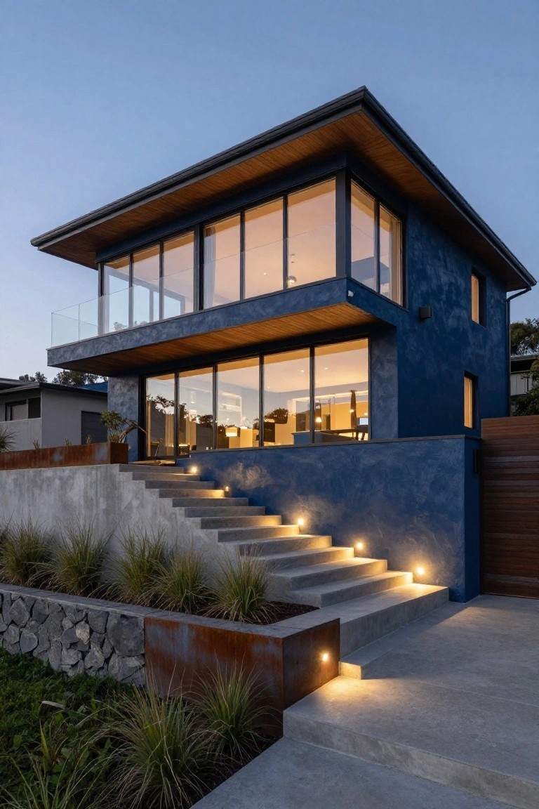 A modern two-story house with navy blue stucco exterior, large glass windows and walls, wooden roof overhang and accents, concrete stairs with edge lighting leading to the entrance, and low native grasses on a sloped site at dusk.
