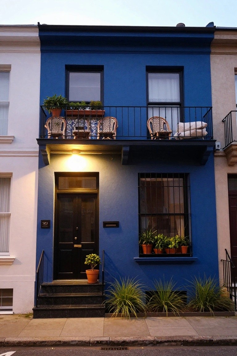 A narrow two-story deep navy blue stucco terraced house with black front door, wrought iron balcony holding wicker chairs and potted plants, window boxes with greenery, front steps, and grasses along the base, shown at dusk next to white neighboring houses.