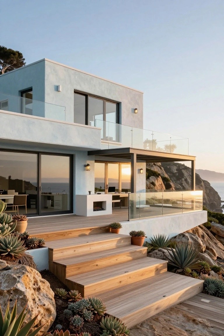 Modern two-story house with pale blue stucco exterior, featuring glass balconies, wooden deck stairs, and succulents on rocky cliffside overlooking ocean at sunset.