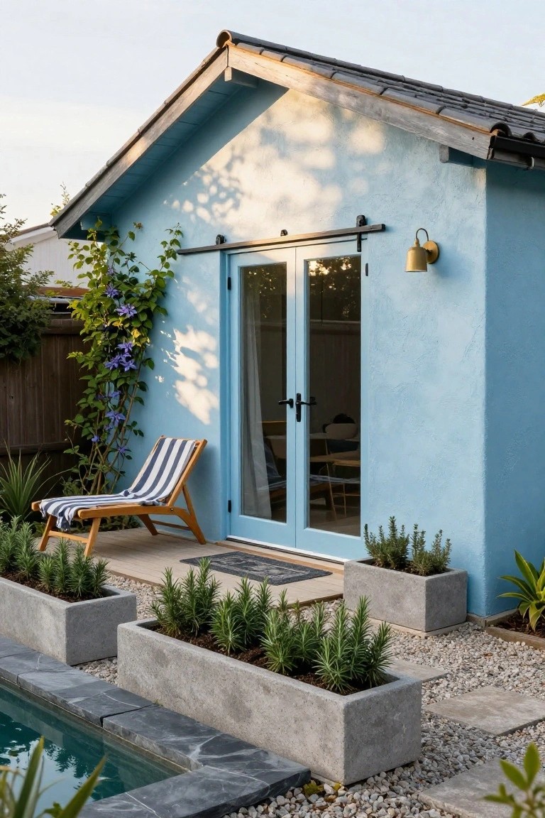 Light blue stucco pool house with sliding glass doors on barn-style track, climbing purple clematis vine, striped lounge chair with towel, concrete planters of rosemary, pebble patio, and dark slate pool edge.
