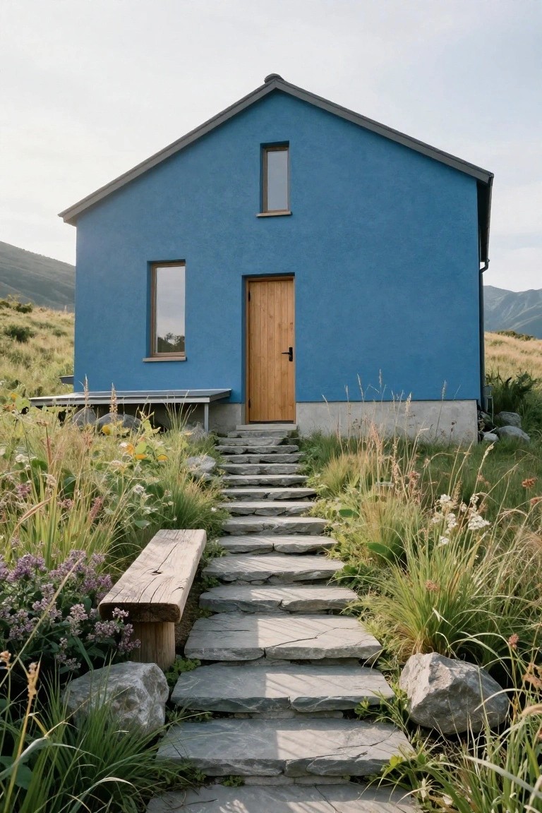 Blue stucco gabled cabin with wooden door, small windows, metal roof, stone steps, wooden bench, and surrounding wild grasses and rocks on a mountainous hillside.