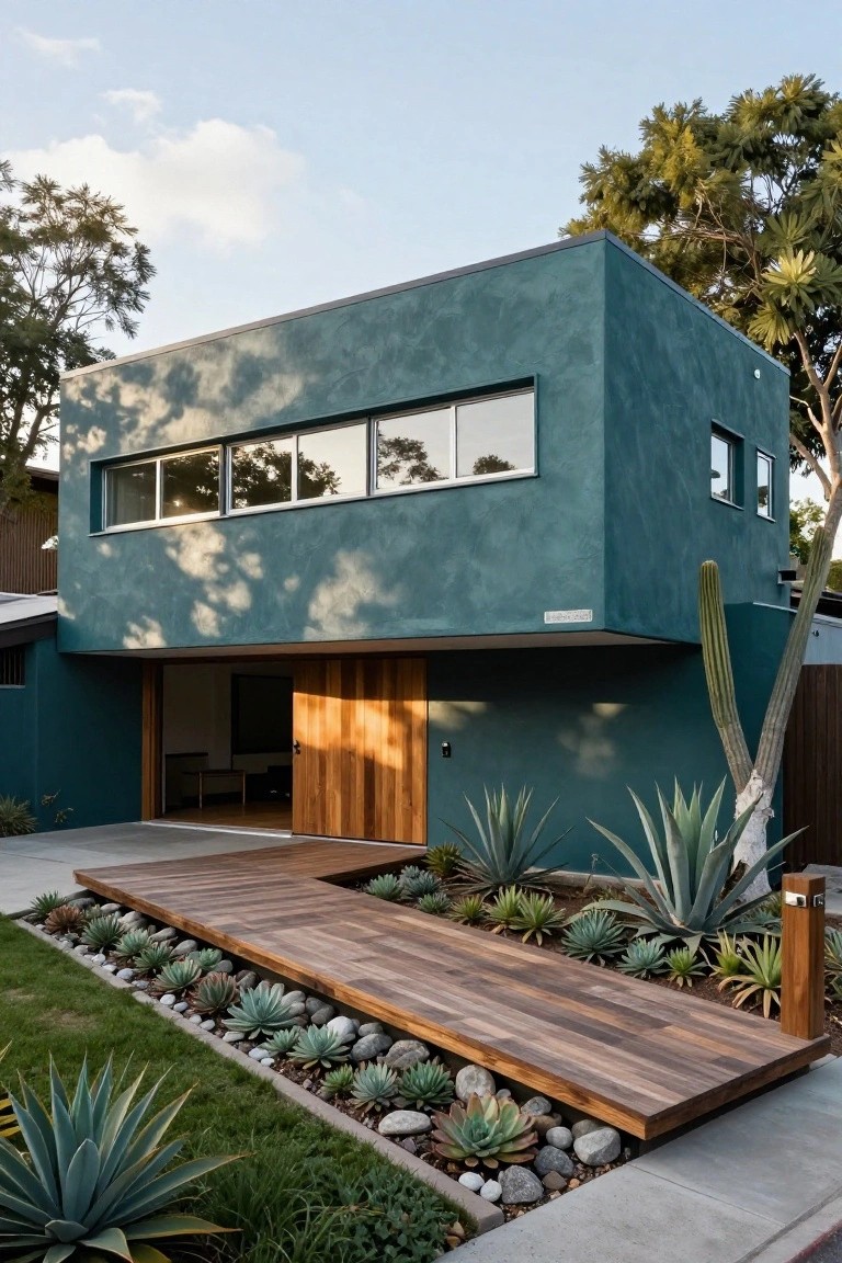 Modern boxy house with teal stucco exterior, open wooden garage door, horizontal windows, wooden walkway, and agave succulents in gravel beds beside green lawn.