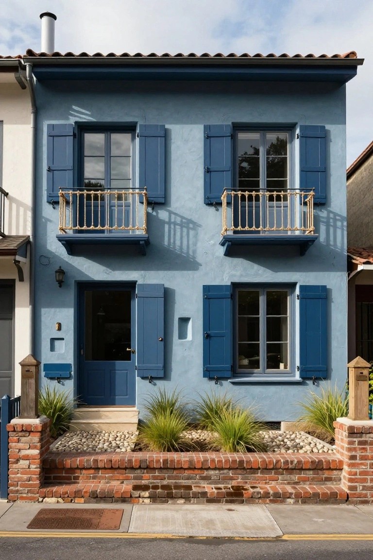 A narrow two-story house with light blue stucco walls, navy blue shutters on the windows and door, a small balcony with white metal railing, terracotta tile roof, brick entry steps, and low grass plantings in front.