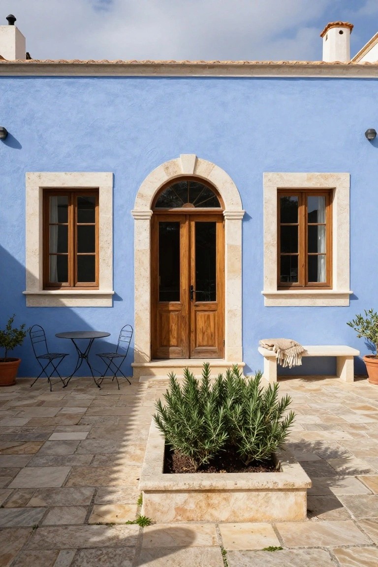 Blue stucco house facade with light stone-framed arched double wooden doors, matching stone window surrounds, small metal bistro table and chairs, stone bench with blanket, potted plants, and rosemary in a raised stone planter on a stone tile patio.