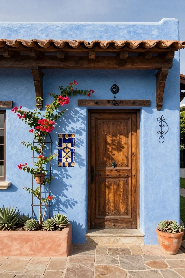 Blue stucco house exterior featuring a dark wooden entry door with iron hardware, climbing red bougainvillea on a trellis, succulent planters in a raised bed and terracotta pot, blue and yellow tile accent, and wooden beam portico under a tiled roof.