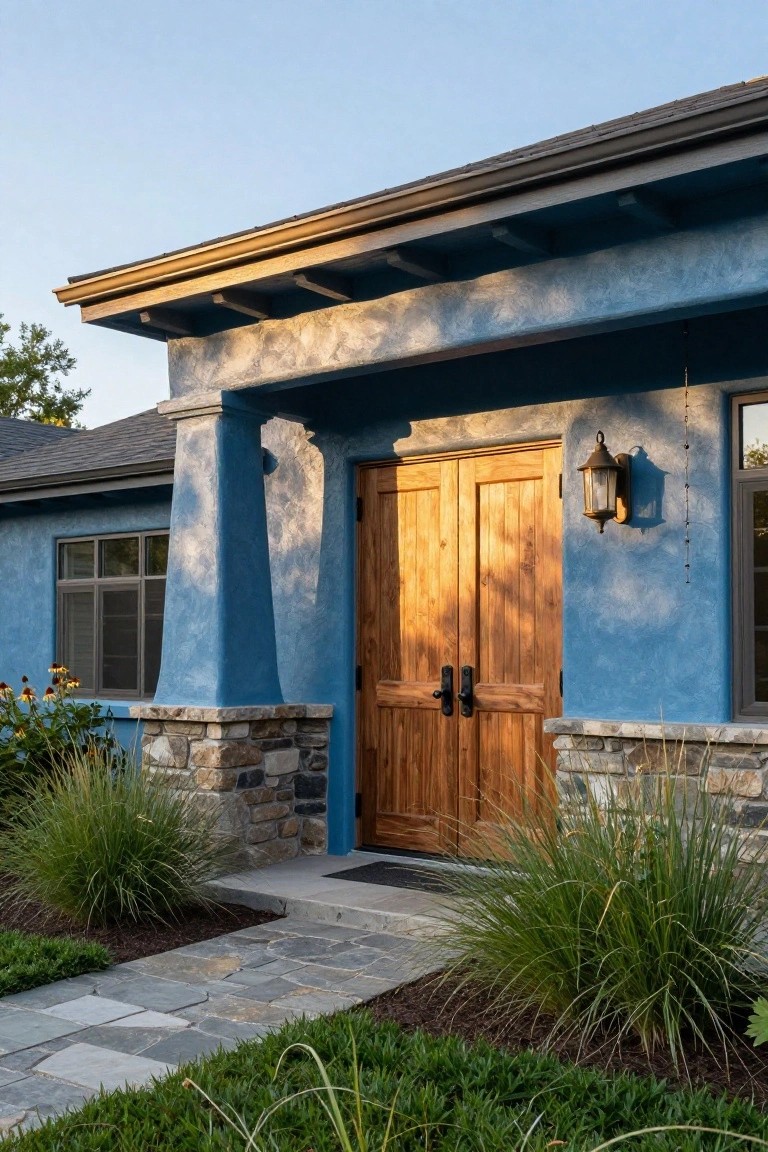 Blue stucco house exterior with double wooden front doors, stone pillars, wall-mounted lantern, and landscaping including grasses and a stone pathway leading to the entry.