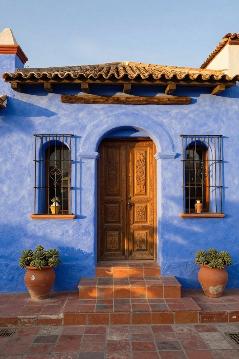 Bright blue stucco house facade with arched wooden door featuring carved details, flanked by arched windows with wrought iron grilles and flower pots, large terracotta pots with succulents on ground, terracotta steps at entry.