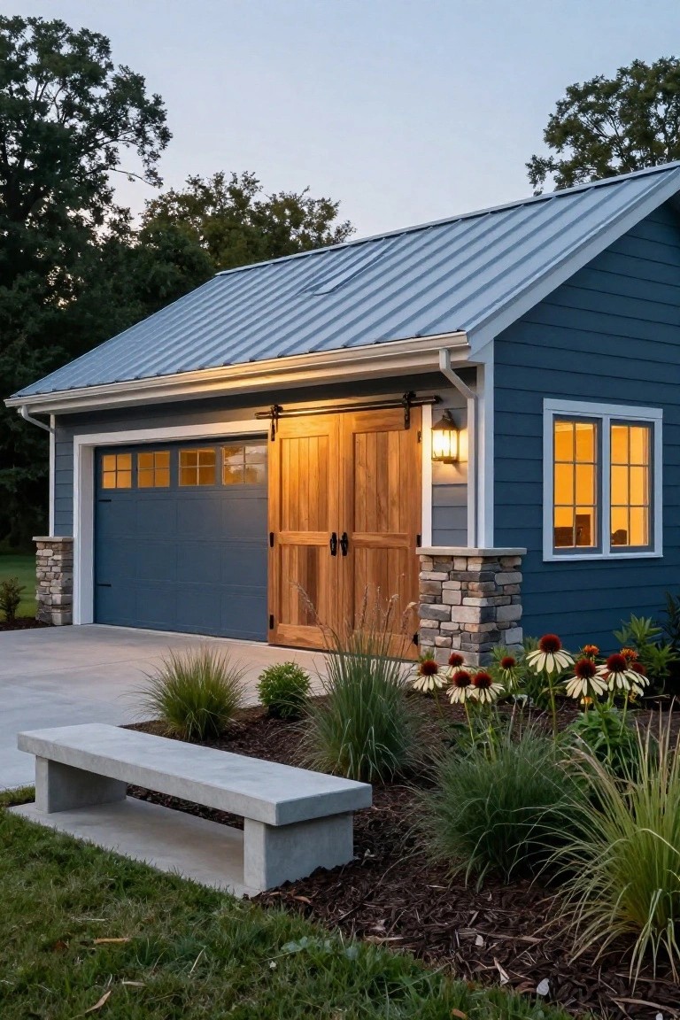 Blue clapboard detached garage with large wooden sliding barn-style door, standard gray garage door, metal roof, stone pillar accents, lit wall lantern, window with interior light, concrete bench, and landscaped bed of grasses and flowers.