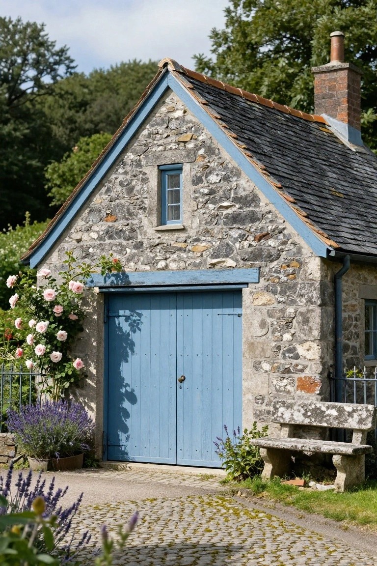 Stone cottage with blue double garage doors, pink climbing roses on the wall, lavender plants in pots, stone bench, and cobblestone path in front.