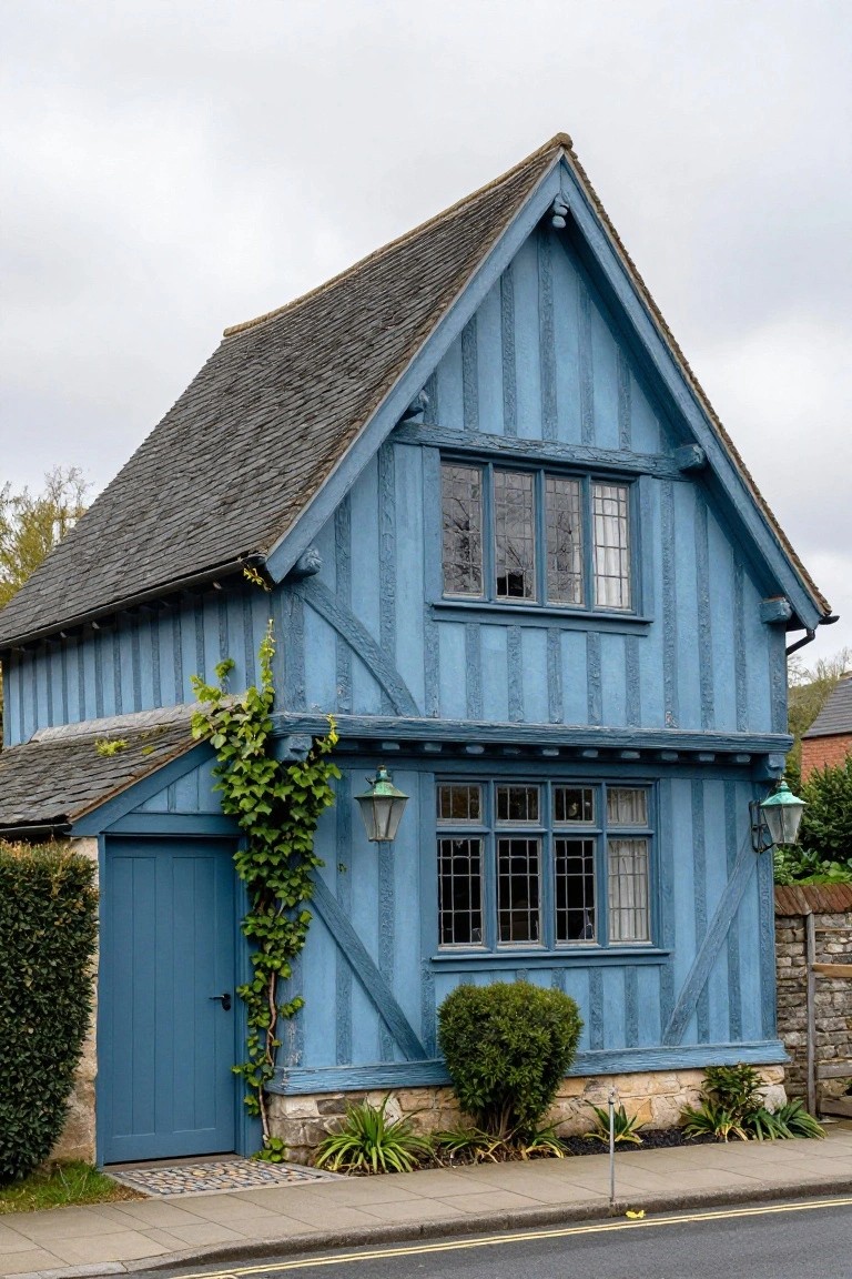 Two-story blue half-timbered house exterior with vertical wooden beams, large multipane windows, a blue wooden garage door on the left, ivy climbing the wall, green lanterns flanking the front windows, stone base, shrubs and plants in front, and a paved path to the door along a street.