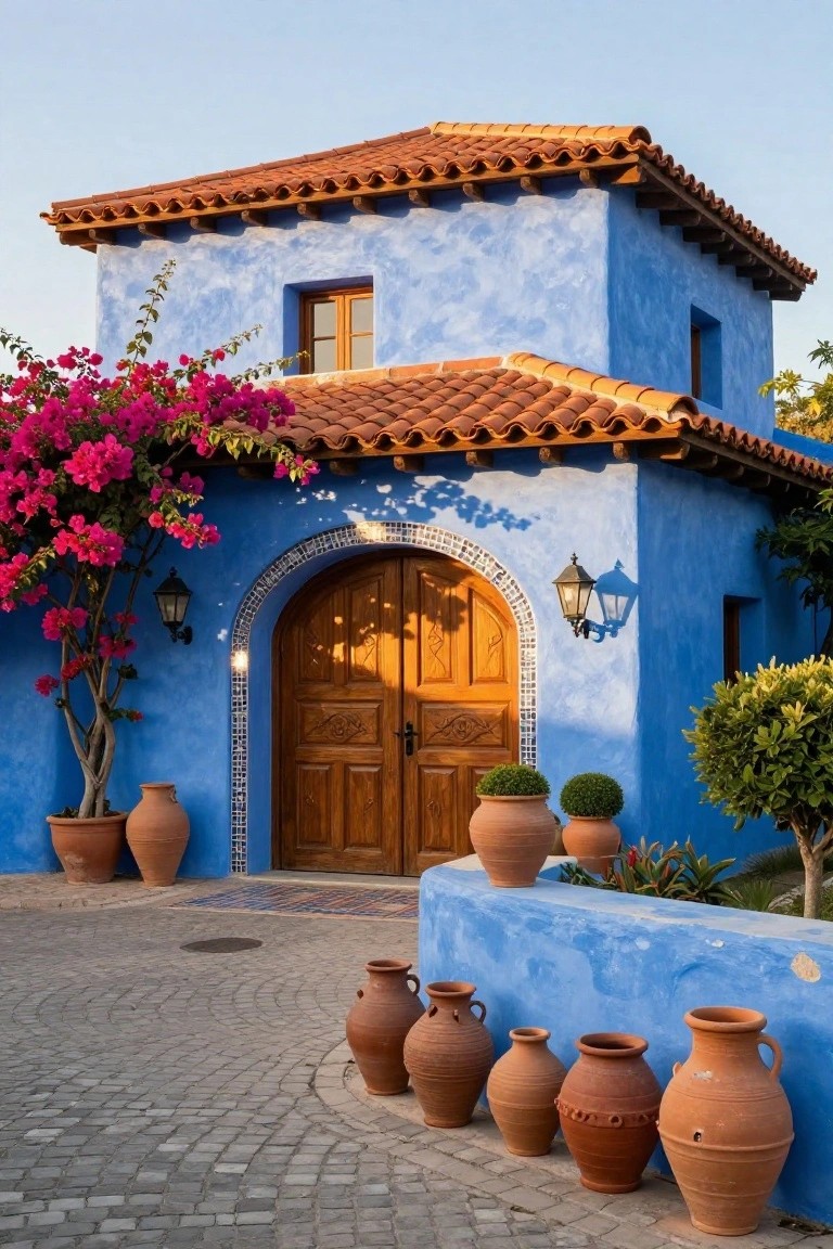 Bright blue stucco house with terracotta tile roof, arched wooden front door, hanging lanterns, bougainvillea vines, potted plants, and terracotta pots lining a cobblestone path.