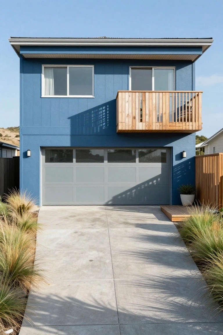 Two-story house painted deep blue with horizontal siding, a projecting wooden balcony above a frosted gray garage door, driveway edged by ornamental grasses, and adjacent fences.