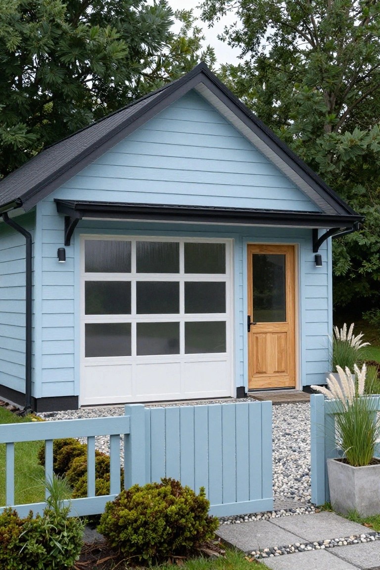 Light blue clapboard shed with gable roof, black trim, white eight-pane garage door, yellow oak side door with glass, blue fence gate, gravel path, and surrounding plants.