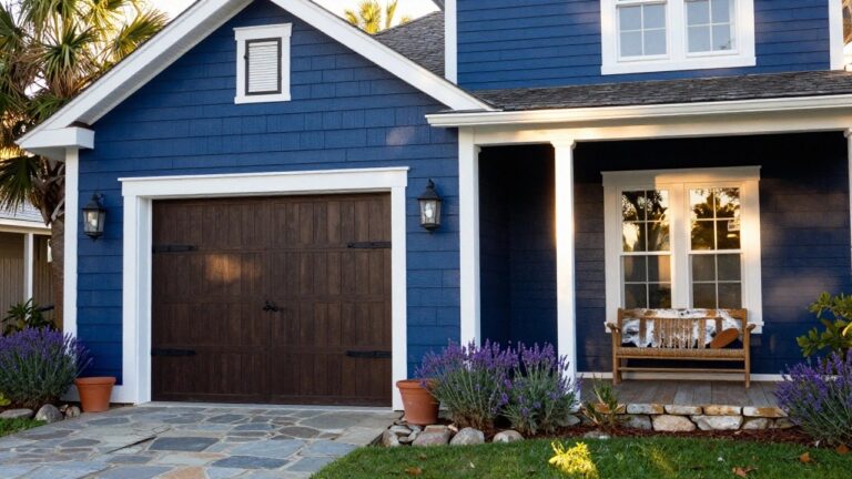 Two-story navy blue clapboard house with white trim, large double wooden garage doors with black hardware, wall lanterns, potted lavender and succulents, stone pathway, and palm trees in the background.