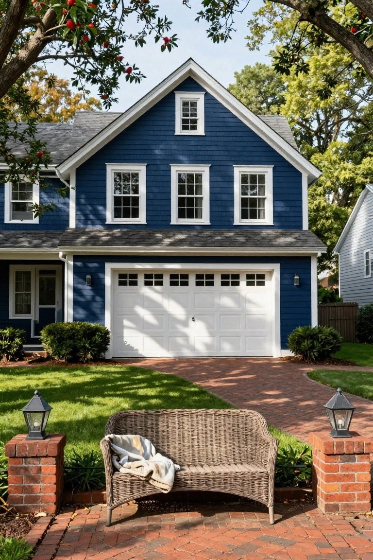 Navy Blue Clapboard with White Garage Door