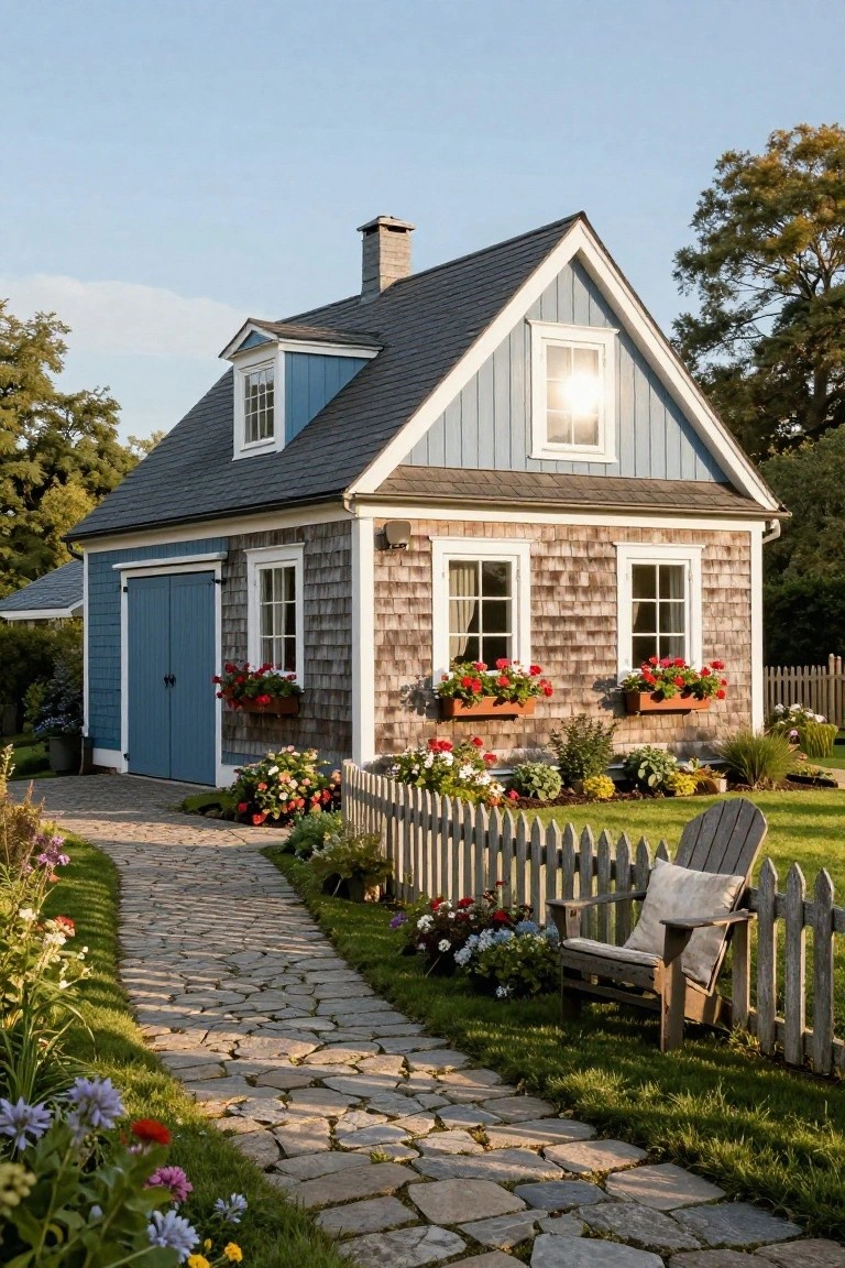 Blue clapboard and shingled cottage house with double garage doors, white trim windows, flower boxes, stone pathway, picket fence, Adirondack chair, and garden plantings in green yard.