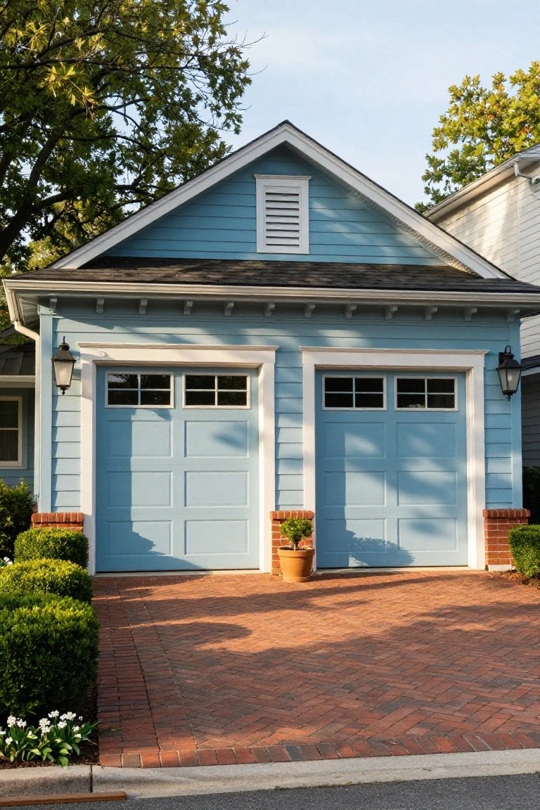 Light blue two-car detached garage with paneled doors featuring window inserts, white trim, gable roof with vent, wall lanterns, brick piers, potted plant, boxwood shrubs, and brick paver driveway edged by flowers.