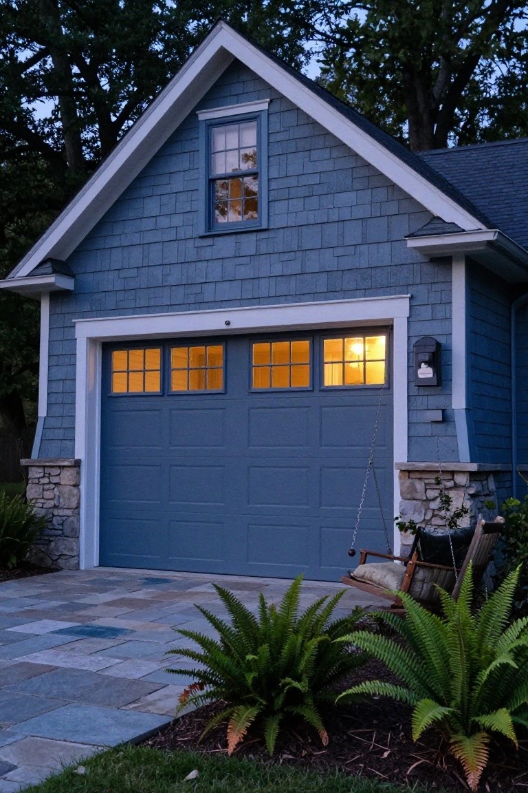 Blue shingle-sided detached garage with two lit window panels in the overhead door, stone piers on sides, hanging porch swing, ferns, and trees at dusk.