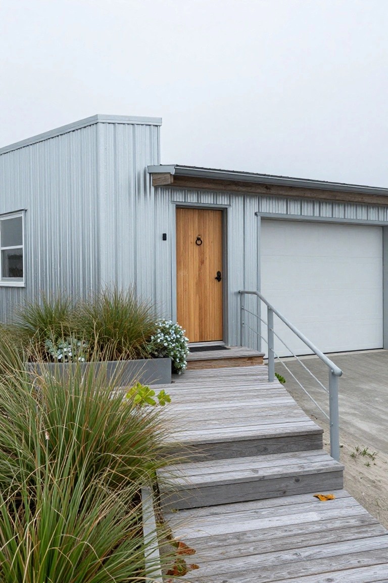 Light blue corrugated metal house exterior with wooden front door numbered 6, white garage door, wooden deck steps with railing, grasses and plants in a rectangular planter, and concrete driveway.