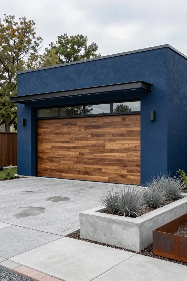 Navy blue stucco house garage with large horizontal walnut wood panel door, slim glass windows above, black metal canopy, concrete driveway, and gray planters with agave plants.