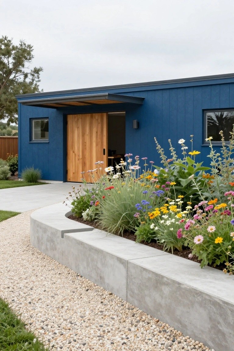 Blue clapboard house exterior with large wooden garage door, small windows, and colorful wildflower garden along curved concrete retaining wall and gravel path.
