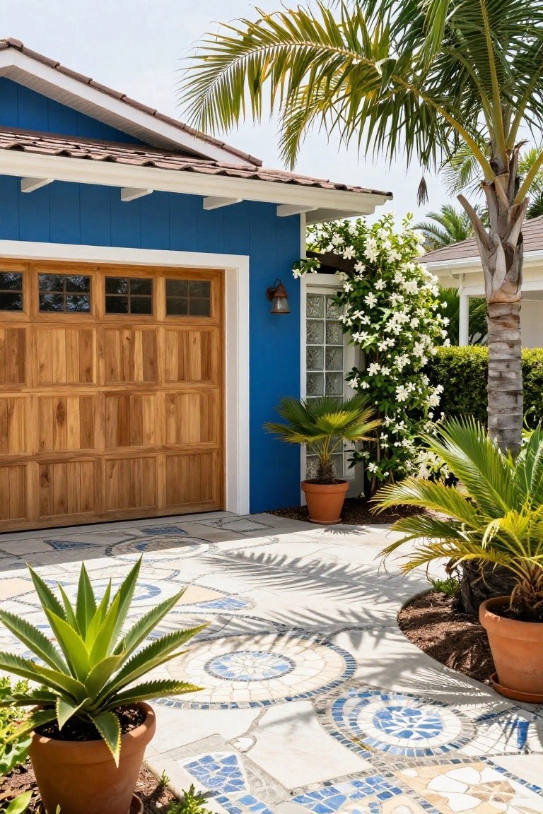 Blue painted house exterior with large wooden garage door, surrounded by potted agave and fan palms, white flowering vine on wall, and mosaic tile pathway.