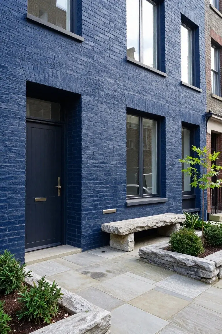 Navy blue brick townhouse facade with dark wood front door, large windows, a rough stone bench, stone-edged planters with shrubs, and pale stone paving in front.