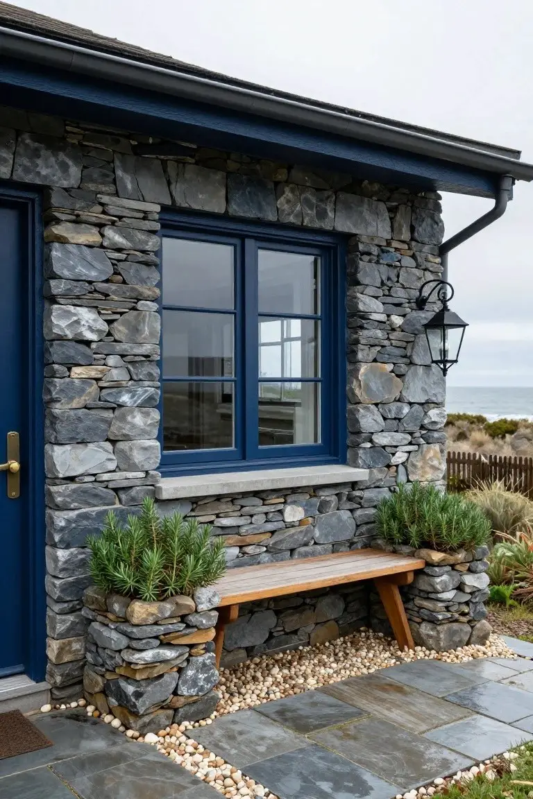 Close-up of a navy blue front door and window on a textured gray stone house wall, with a wooden bench built into stone planters, a lantern light, pebble ground cover, and ocean view in the background.