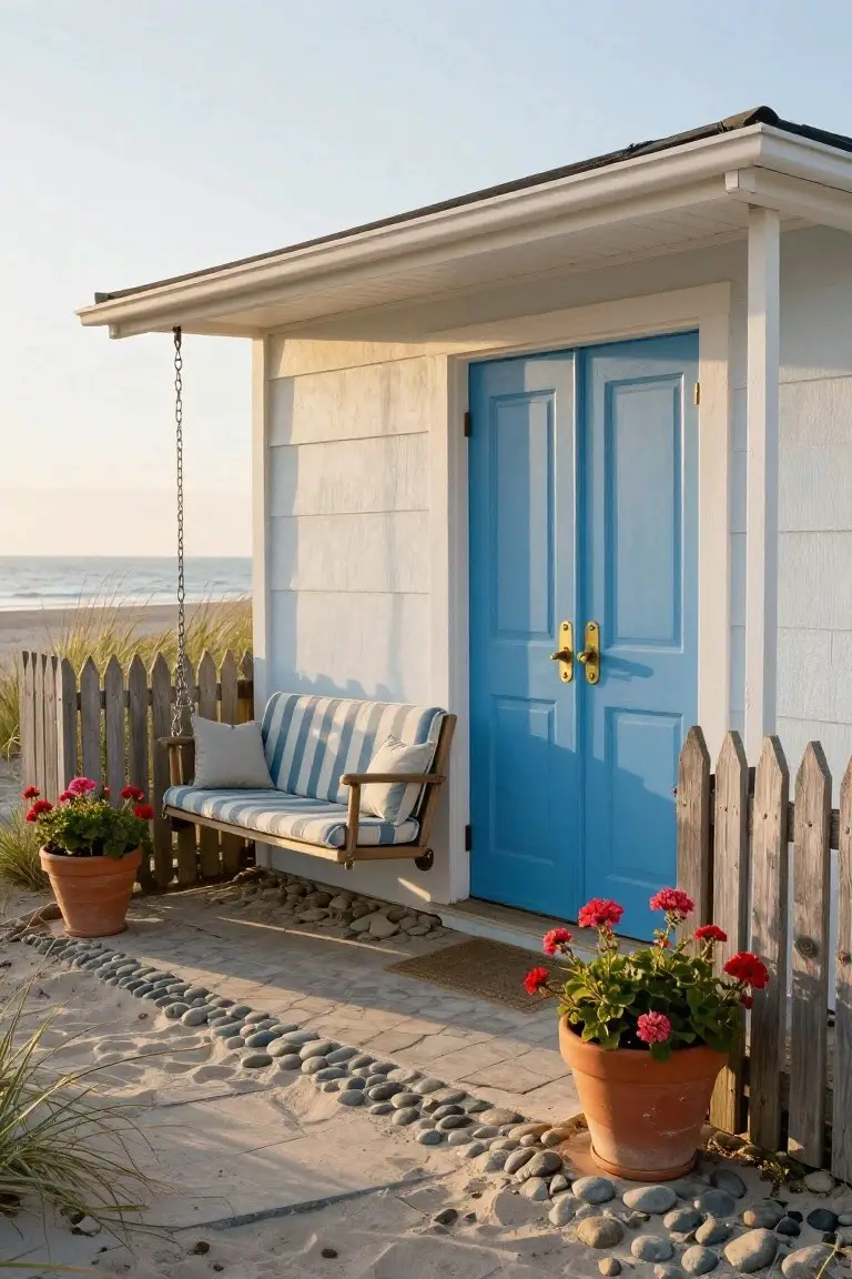 White shingled beach house structure with bright blue double doors, hanging wooden swing with cushions, geraniums in terracotta pots, pebble stone path, and dune grass near the ocean.