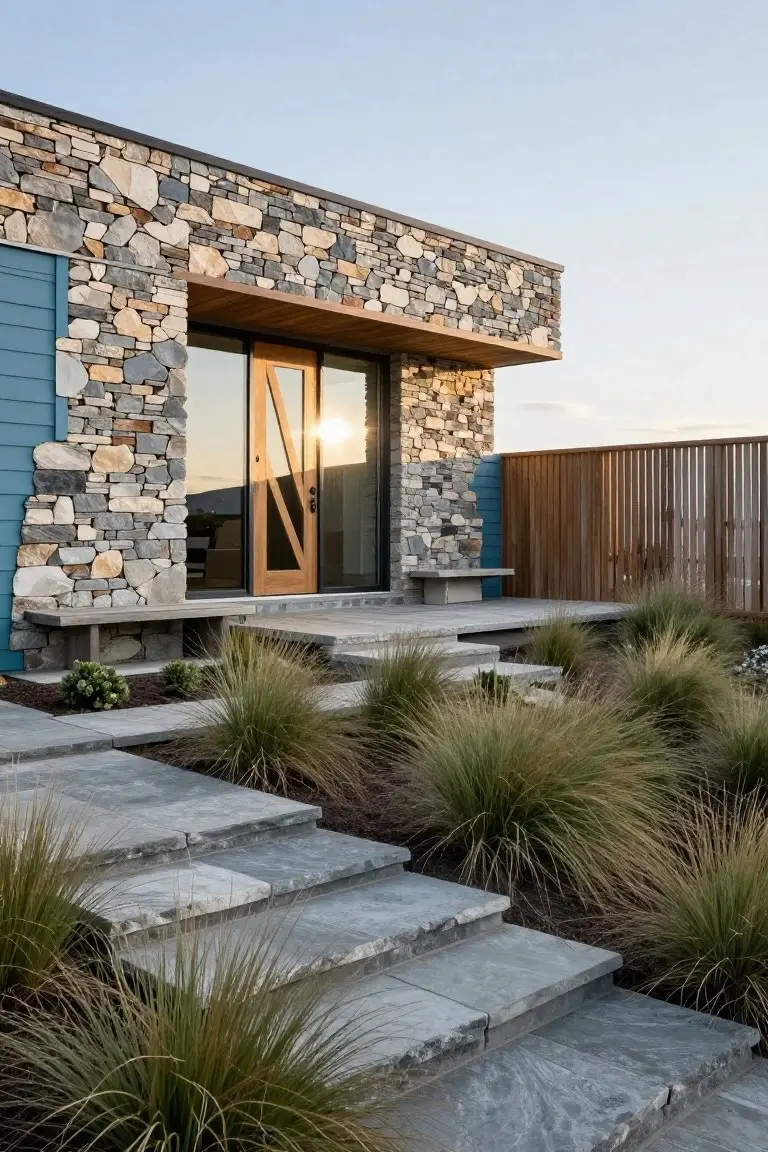 House exterior with turquoise blue siding, irregular gray stone cladding on walls and corners, wooden slatted door, concrete bench and steps leading to entrance, flanked by tall grasses and plants.