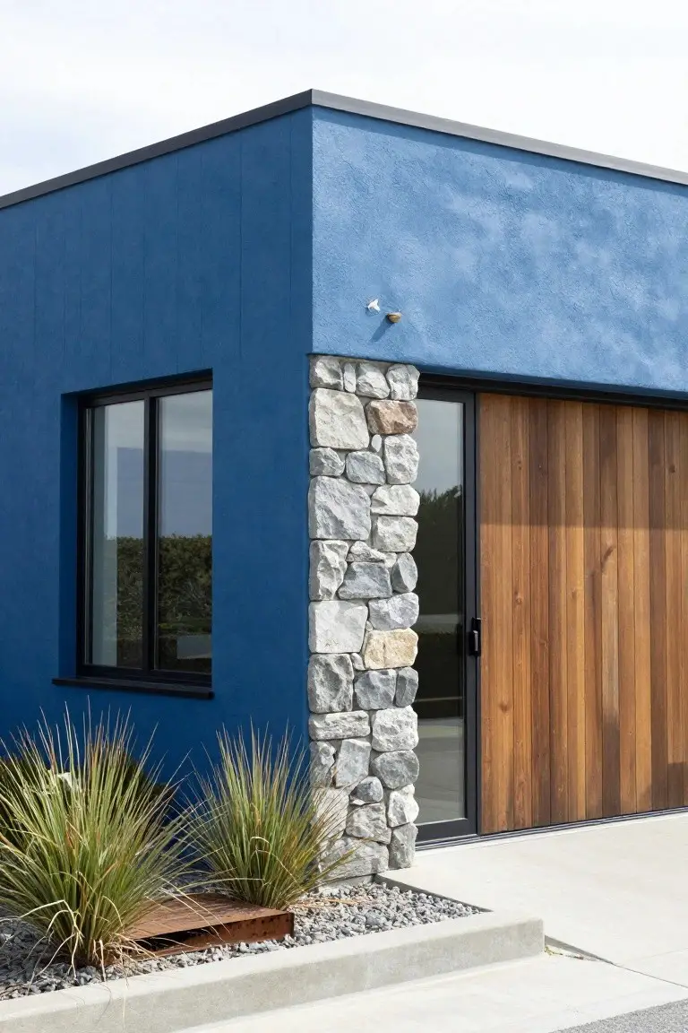 Corner view of a modern house with blue stucco wall, tall irregular stone pillar, dark-framed glass window, vertical wooden garage door, ornamental grasses, rusted metal edging, gravel, and concrete path.