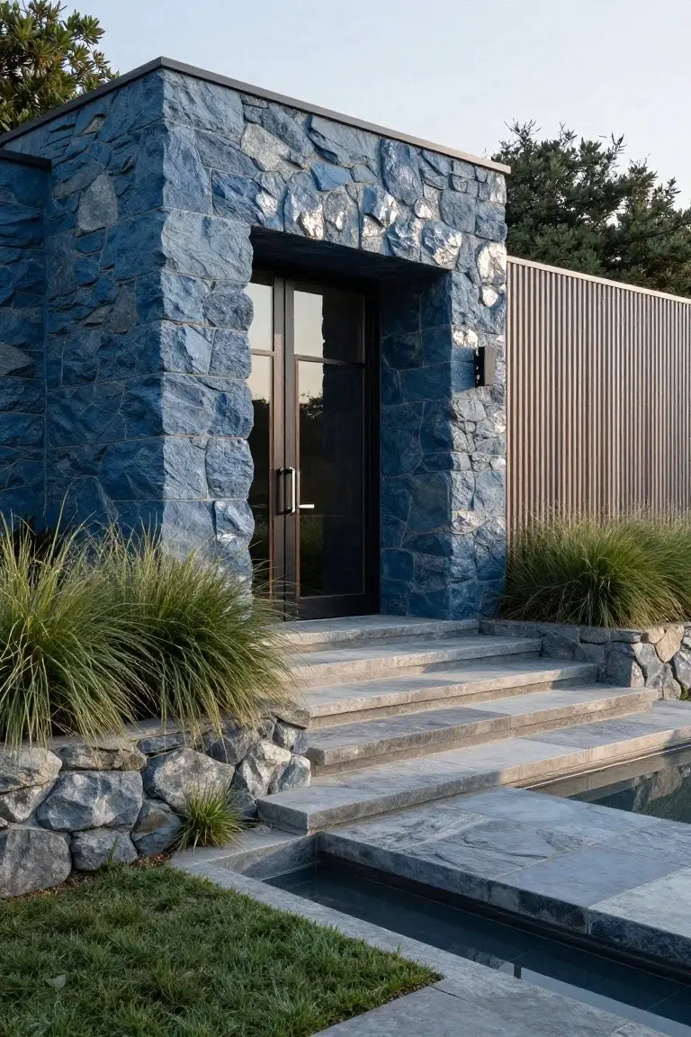 Modern house entrance with irregular blue stone walls, double dark-framed glass doors, light stone steps leading up, flanked by tall grasses and rocks, next to a pool edge with gray stone paving and green lawn.