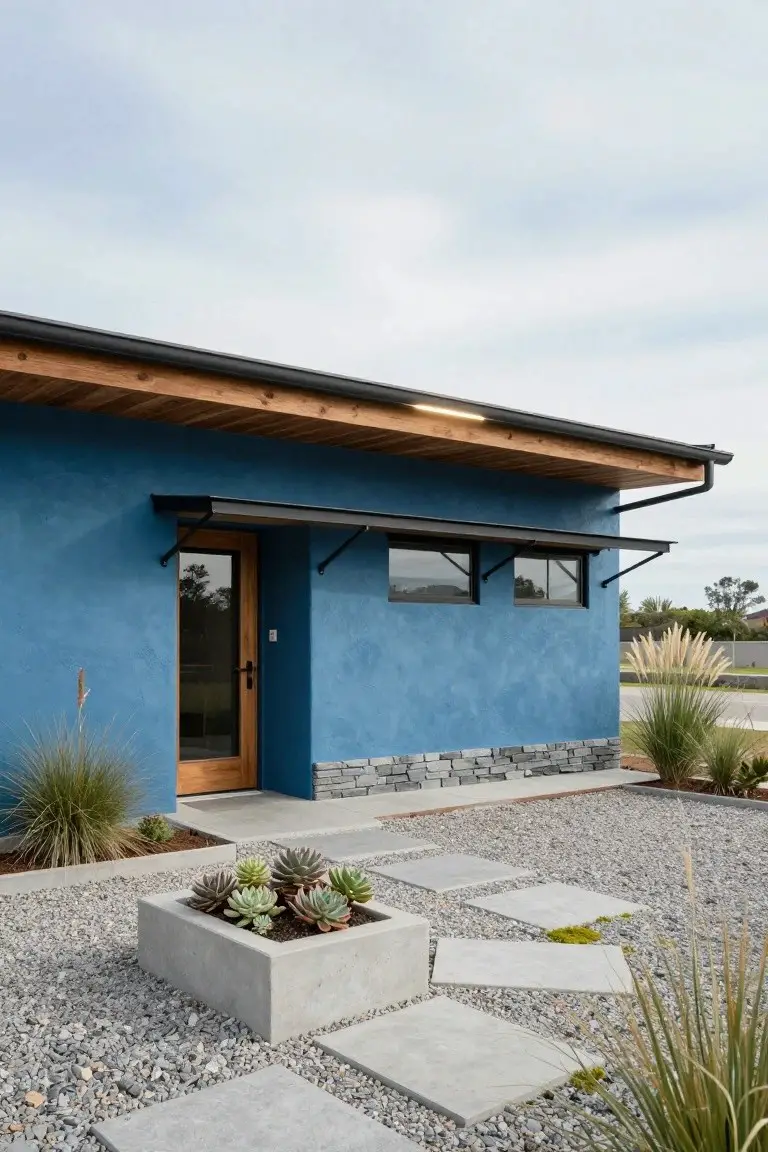 Blue stucco house exterior with wooden entry door under black metal awning, small clerestory windows, gray stone base, gravel yard with concrete pavers leading to a succulent planter, and ornamental grasses.