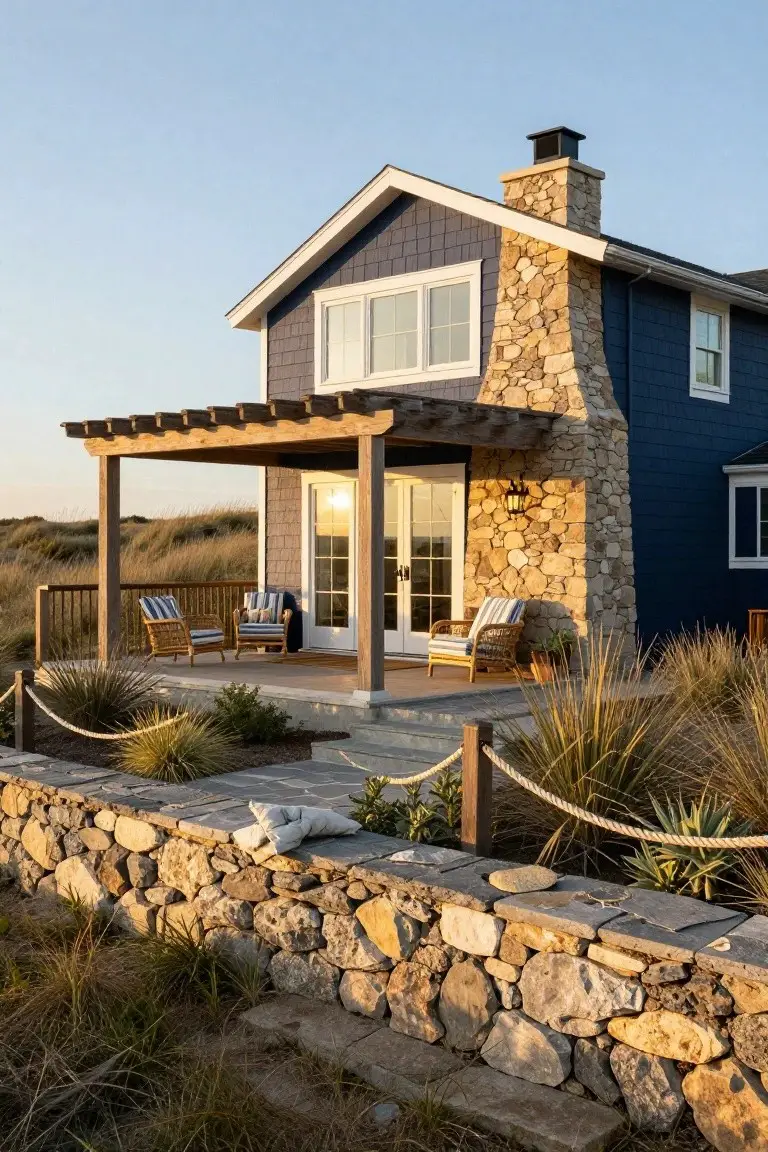 Navy blue shingle-style house exterior with tall stone chimney, wooden pergola-covered porch with wicker chairs, stone retaining wall, agave plants, and dune grasses in late afternoon light.
