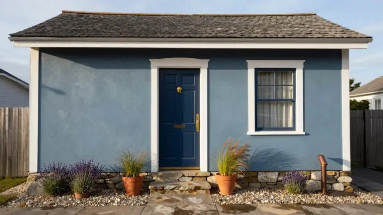 Blue shingle house exterior featuring a navy blue front door with gold hardware, white trim and porch column, stone steps and flagstone path through gravel, flanked by potted grasses and copper faucet.