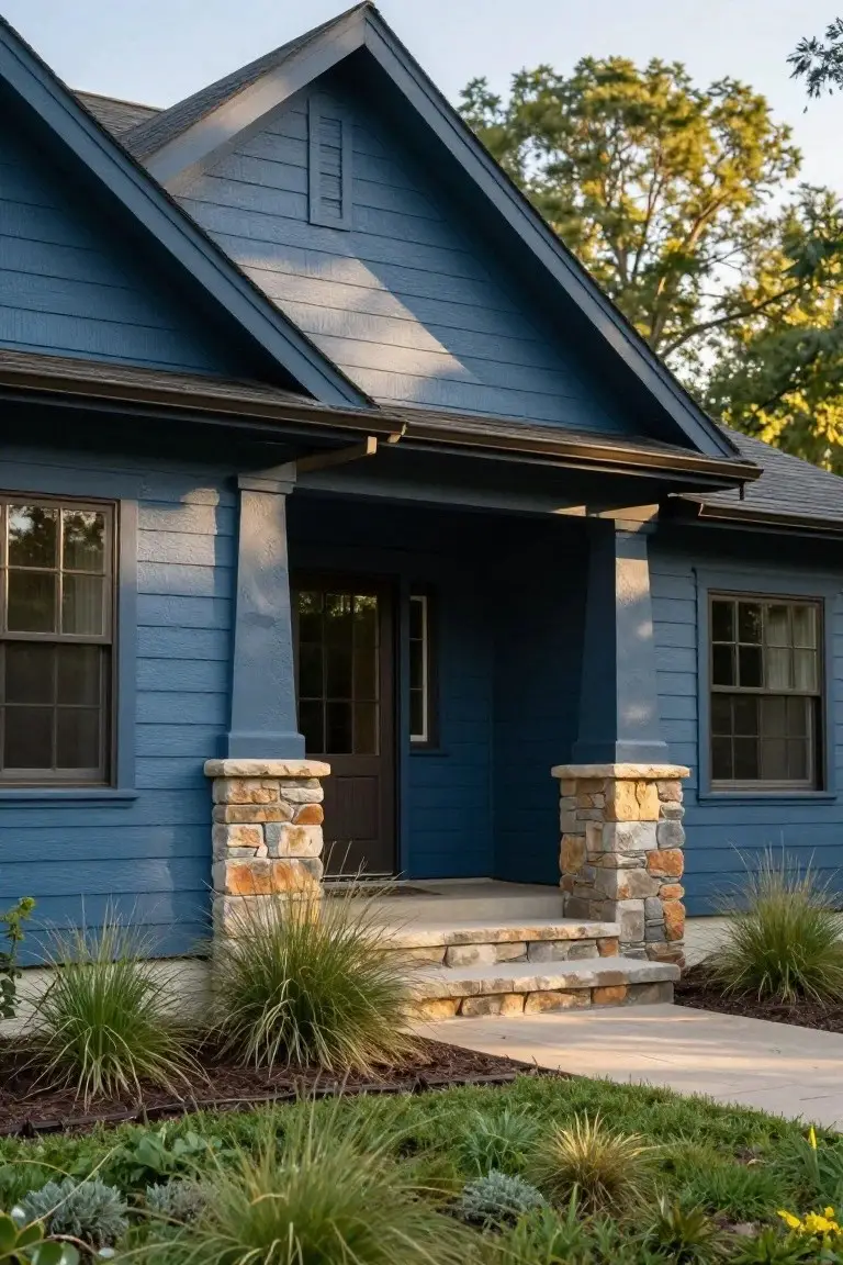 Navy blue clapboard house exterior with a covered front porch supported by stone pillar bases, double windows on each side, stone steps, and low plantings along the front.