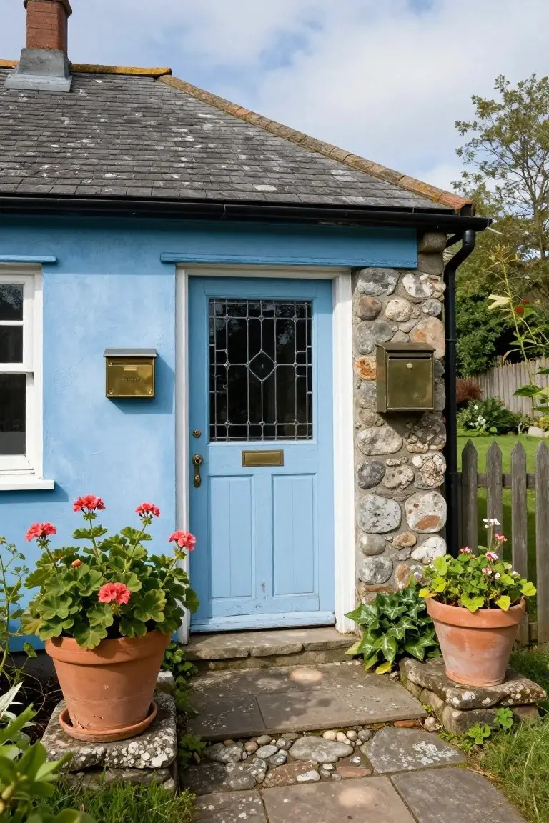 Blue painted house exterior with a blue front door featuring leaded glass, framed by a stone pillar and base, flanked by two large terracotta pots of red geraniums on stone steps.