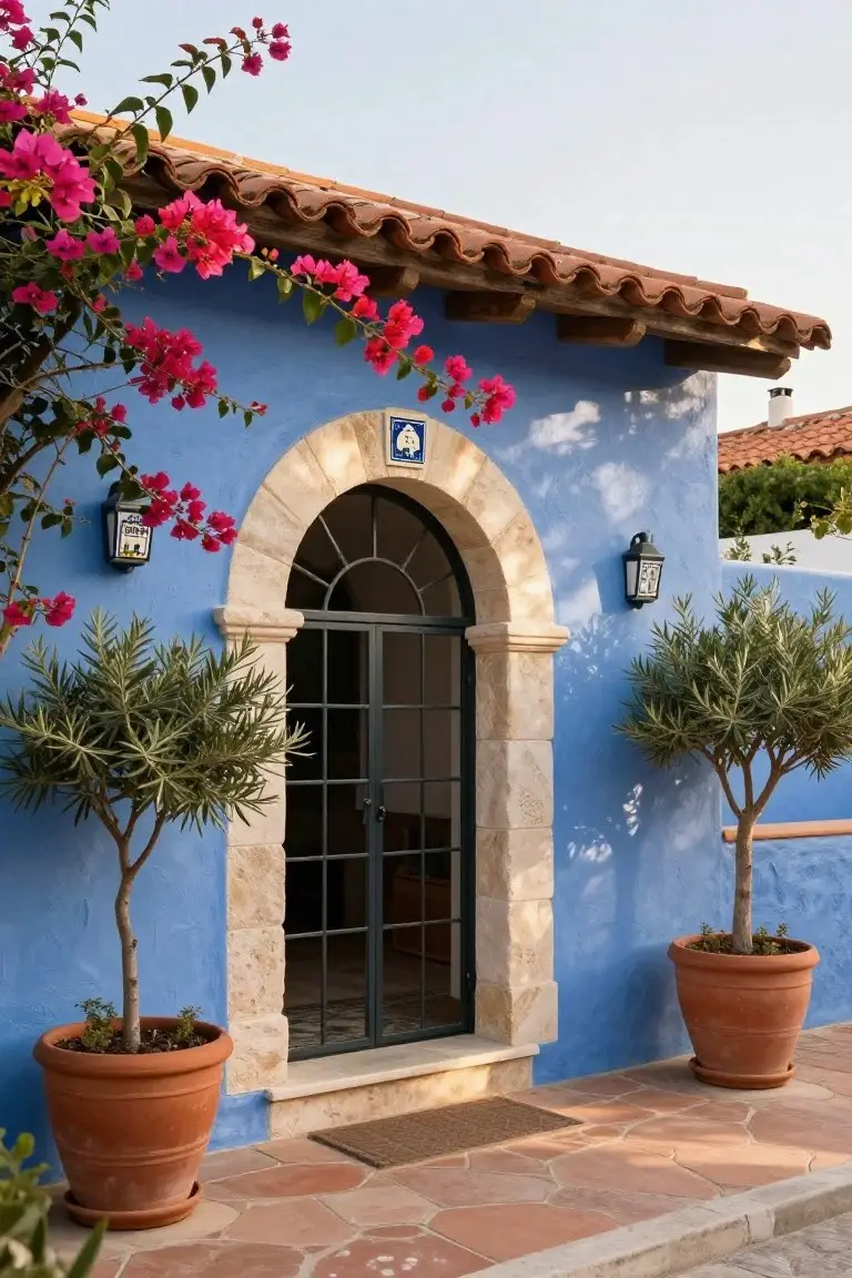 Blue stucco house exterior with arched stone doorway containing black metal gate, flanked by potted olive trees in terracotta pots, bougainvillea vines, wall lanterns, and terracotta tile path.