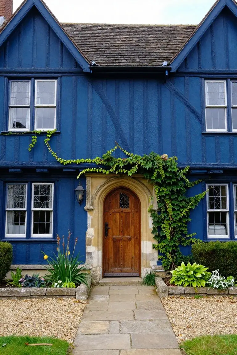 Blue timber-framed house exterior featuring a light stone arched entryway with wooden door, ivy climbing the walls, front plant beds with flowers and shrubs, and a stone path leading to the entrance.