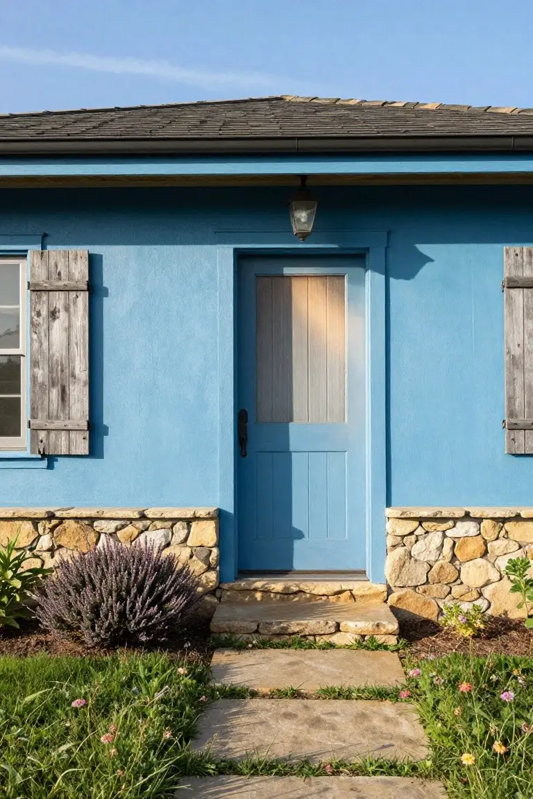 Bright blue house facade with dark shingle roof, wooden shutters on side windows, light blue paneled door under a lantern, beige stone foundation and entry path, purple lavender bush, and green lawn with flowers.