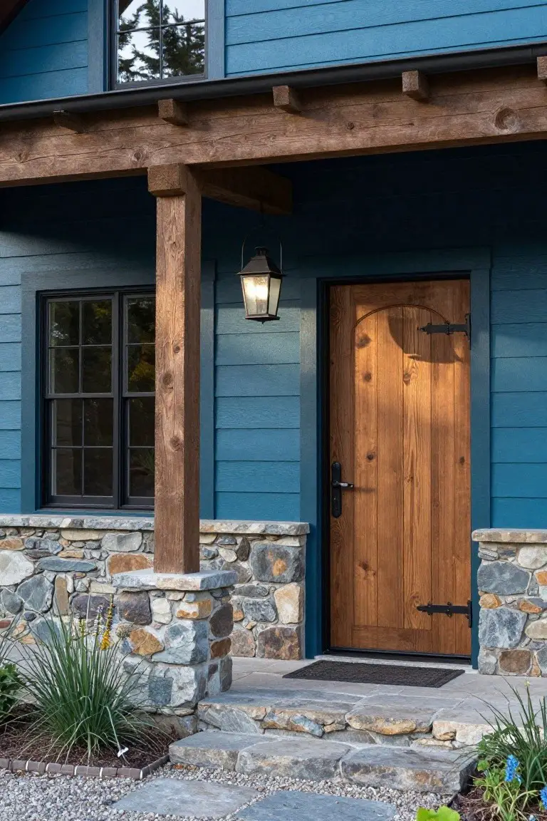 Blue clapboard house exterior with timber porch post, arched wooden front door, hanging lantern, black-framed windows, stone foundation, and steps leading to a welcome mat.