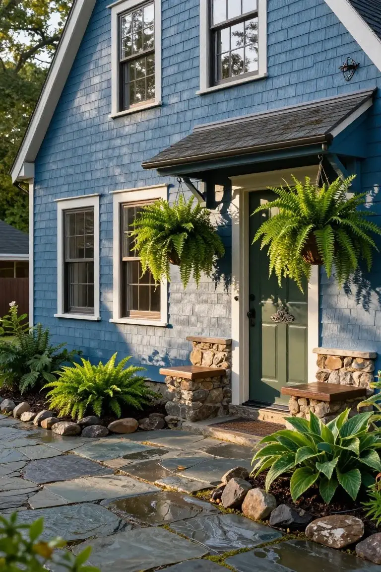 Blue shingle-style house exterior featuring a green front door under a small porch with hanging ferns, flanked by stone-based wooden benches, a flagstone walkway, and surrounding plants and rocks.
